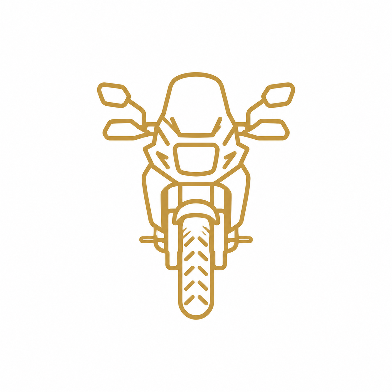 Line drawing of a motorcycle viewed from the front with mirrors and tire details.