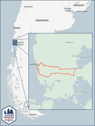 Map highlighting the Route 40 in Argentina, passing through Puerto Montt, Llico Barro, Puerto Varas, Puerto Montt, and Seno de Reloncaví, with a logo of Patagonia.