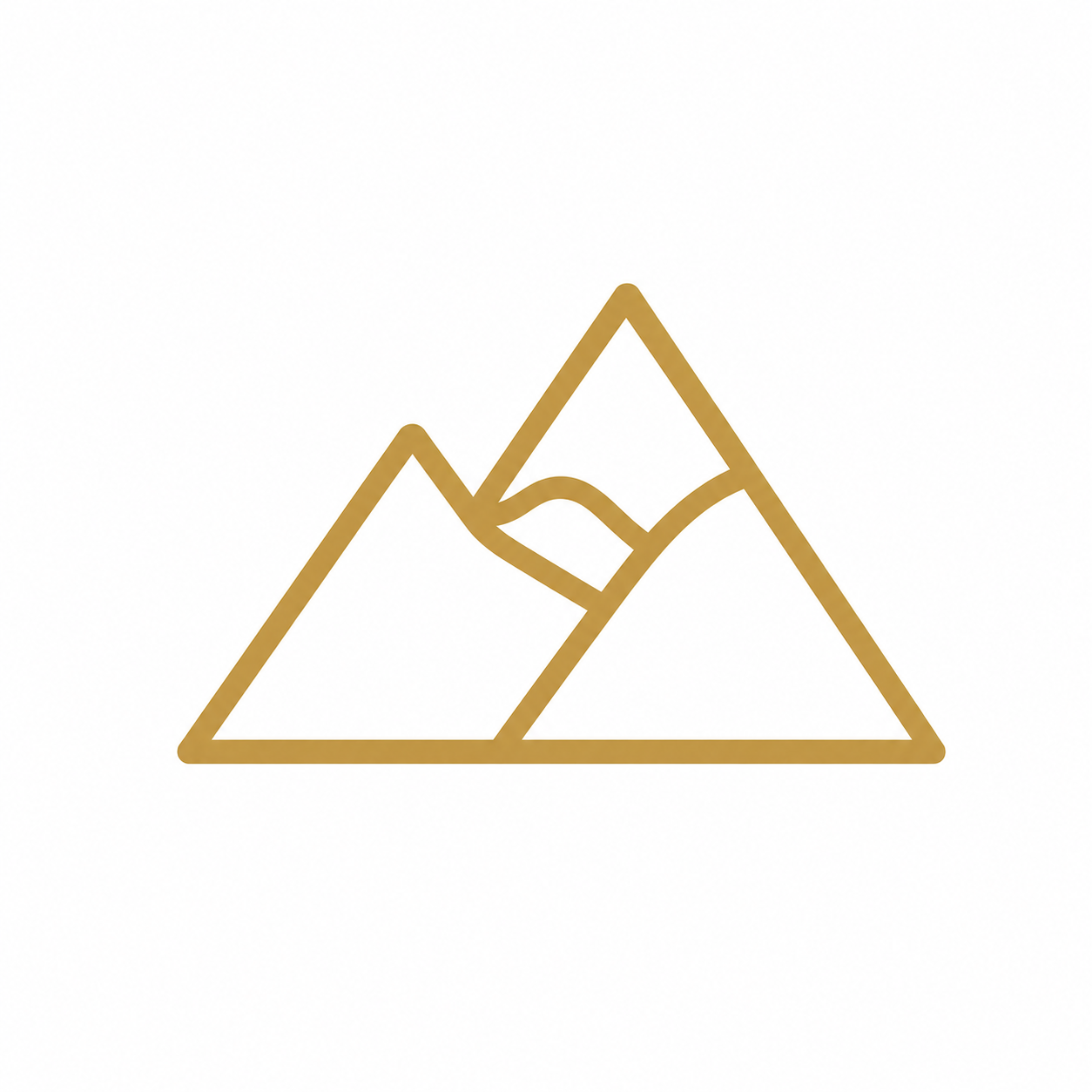 Minimalist gold outline of three mountain peaks with a curving line representing a trail or river