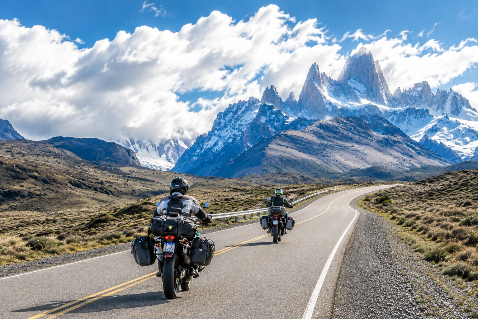 Two motorcyclists riding on a winding mountain road with snow-capped peaks in the background and a partly cloudy sky.