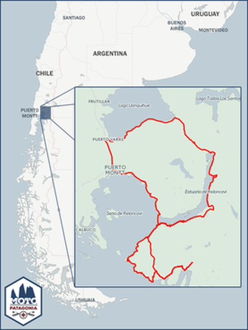 Map of Puerto Montt, Chile, highlighting a red route around the surrounding lakes and parks, with an inset showing this area in greater detail.