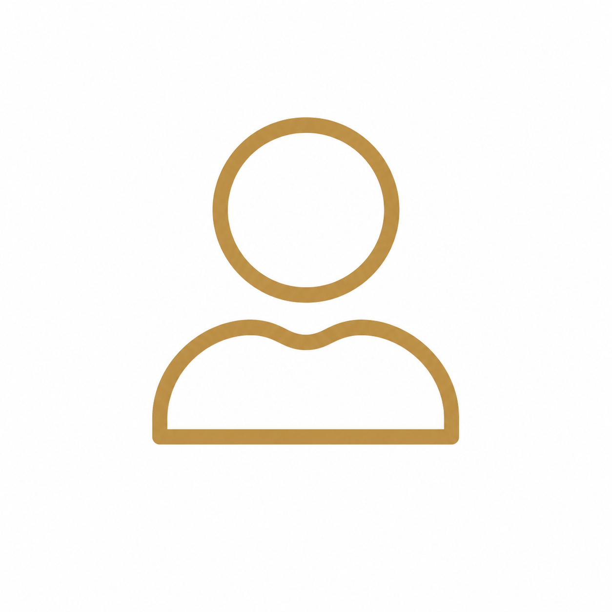 Minimalist digital outline of a person with a circular head and a curved rectangle representing shoulders and upper body, in gold color on a white background.