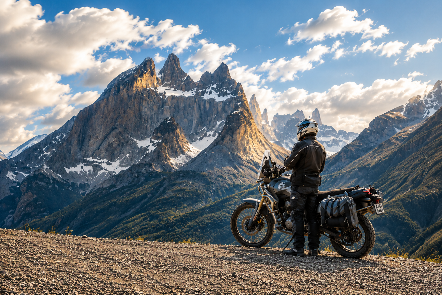Motorcyclist standing next to a motorcycle with a mountainous landscape in the background.