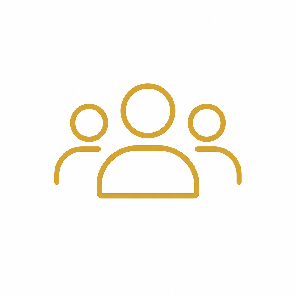 Gold outline icon of three people, with one larger person in front and two smaller people behind.