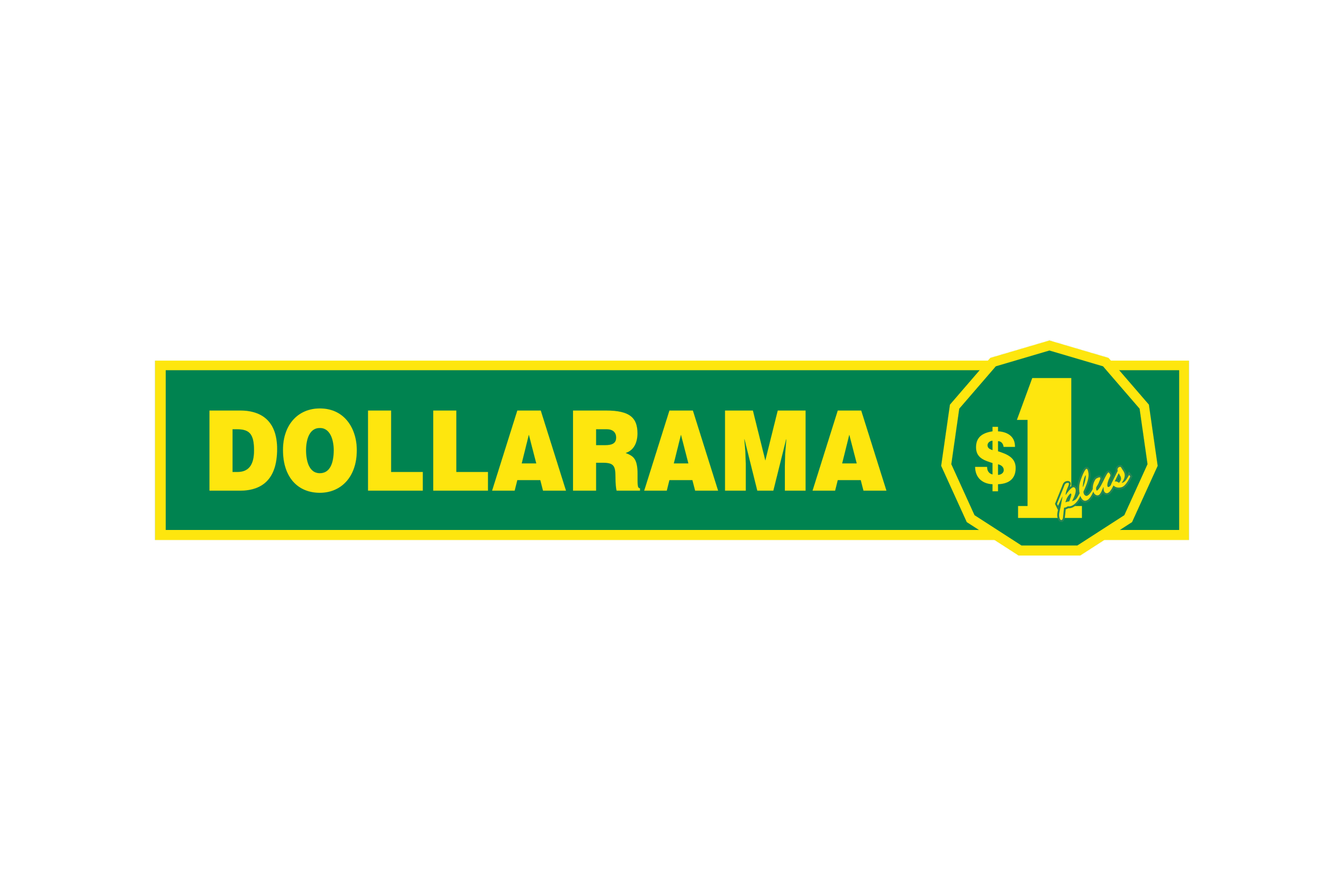 Dollaramas store sign with green background, yellow border, large yellow text, and a yellow octagon with the number 1 and the word 'plus' on it.