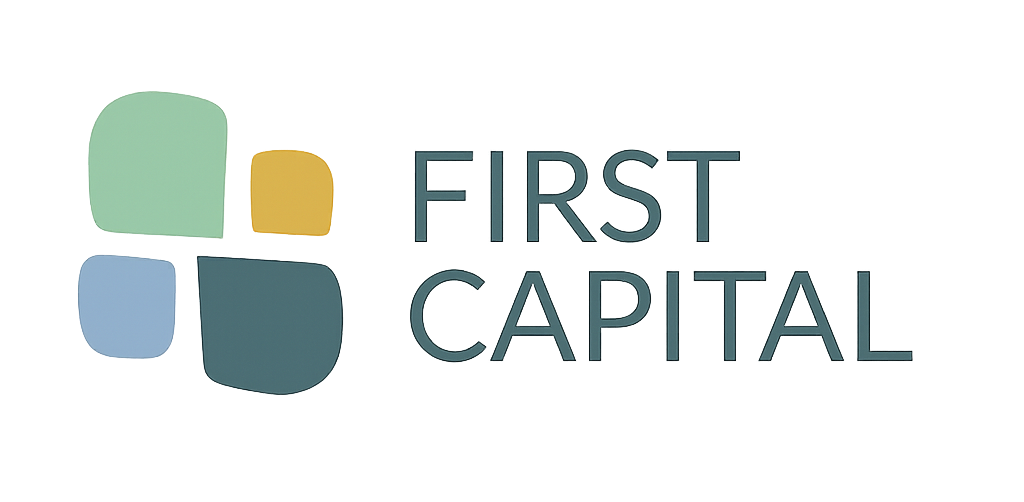 Text reading 'First Capital' in stylized, colorful 3D letters with abstract shapes.