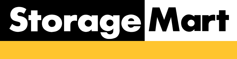 A logo with the words 'Storage Mart' in white text on a black and white background, with a gold stripe below.