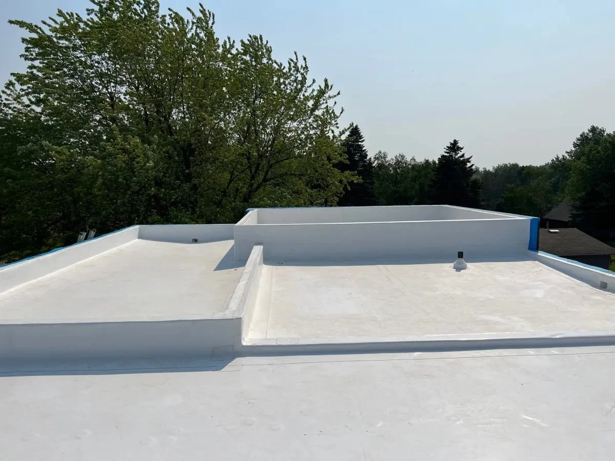 White flat roof with a single vent and a raised parapet, neighboring trees and house rooftops visible in the background.
