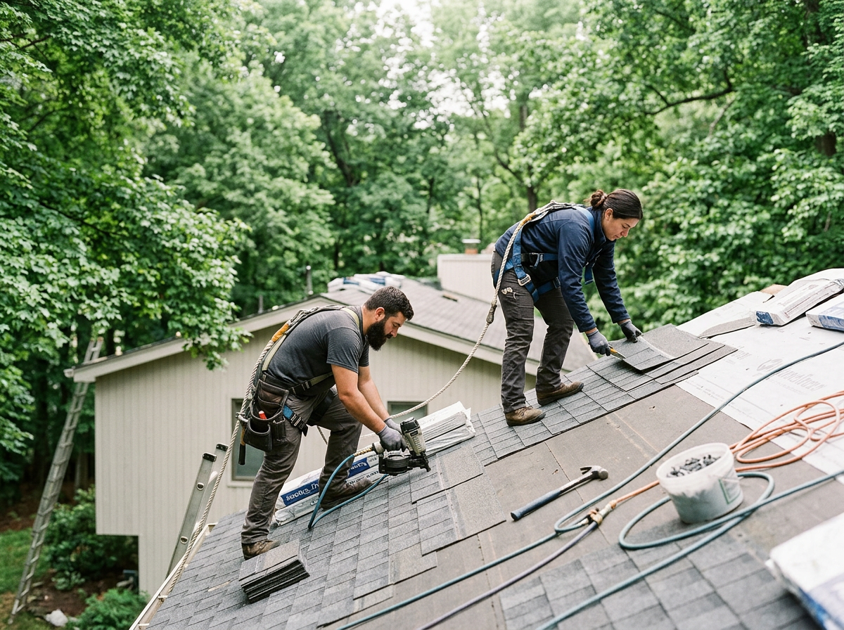 Two workers installing asphalt shingles on a house roof among green trees.