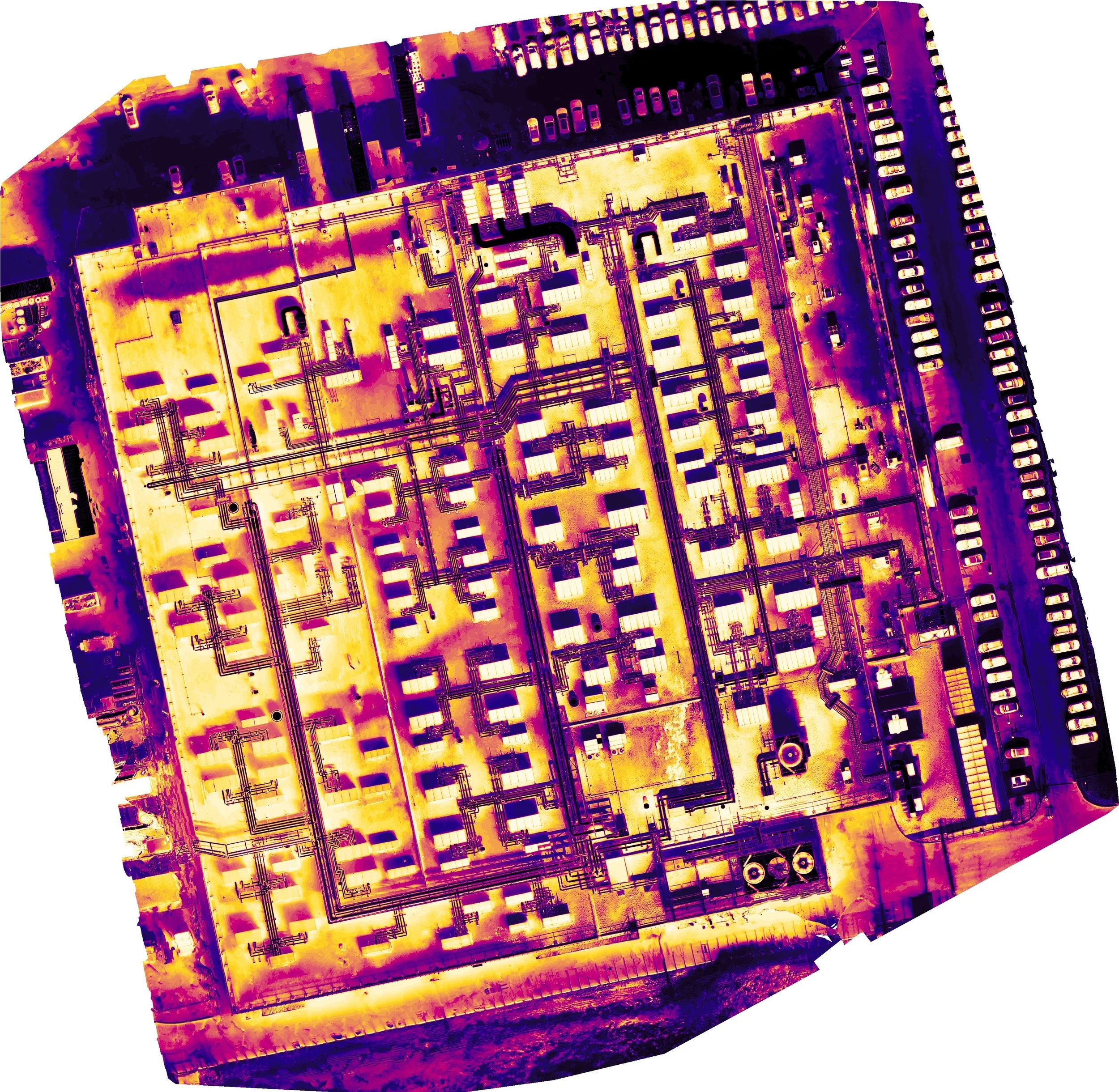Infrared image of a large printed circuit board with various electronic components and connections.