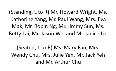 Text listing names of people standing and seated, including Mr. Howard Wright, Ms. Katherine Yang, Mr. Paul Wang, Mrs. Eva Mak, Mr. Robin Ng, Mr. Jimmy Sun, Ms. Betty Lai, Mr. Jason Wei, Ms. Janice Lin, Ms. Mary Fan, Mrs. Wendy Chu, Mrs. Julie Yeh, Mr. Jack Yeh, and Mr. Arthur Chu.