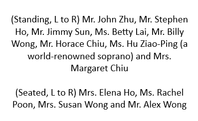 Text list of individuals, including Mr. John Zhu, Mr. Stephen Ho, Mr. Jimmy Sun, Ms. Betty Lai, Mr. Billy Wong, Mr. Horace Chiu, Ms. Ziao-Ping, Mrs. Margaret Chiu, Mrs. Elena Ho, Ms. Rachel Poon, Mrs. Susan Wong, and Mr.. Alex Wong.