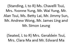 List of people standing and seated, including Ms. Chavelli Tsui, Mrs. Yvonne Yung, Mr. Wai Yung, Mr. Alan Tsui, Ms. Betty Lai, Mr. Jimmy Sun, Mr. Andrew Wong, Mr. James Ling, Mrs. Geraldine Tsui, Mrs. Clara Ma, and Mr. Edward Ma.