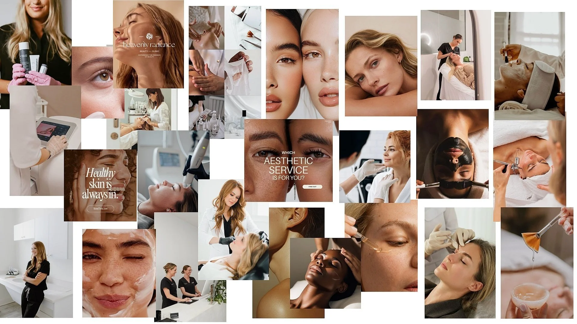 Collage of women receiving skincare treatments, facial procedures, and beauty services in a spa or clinic setting, with close-ups of faces, skincare products, and professional staff.