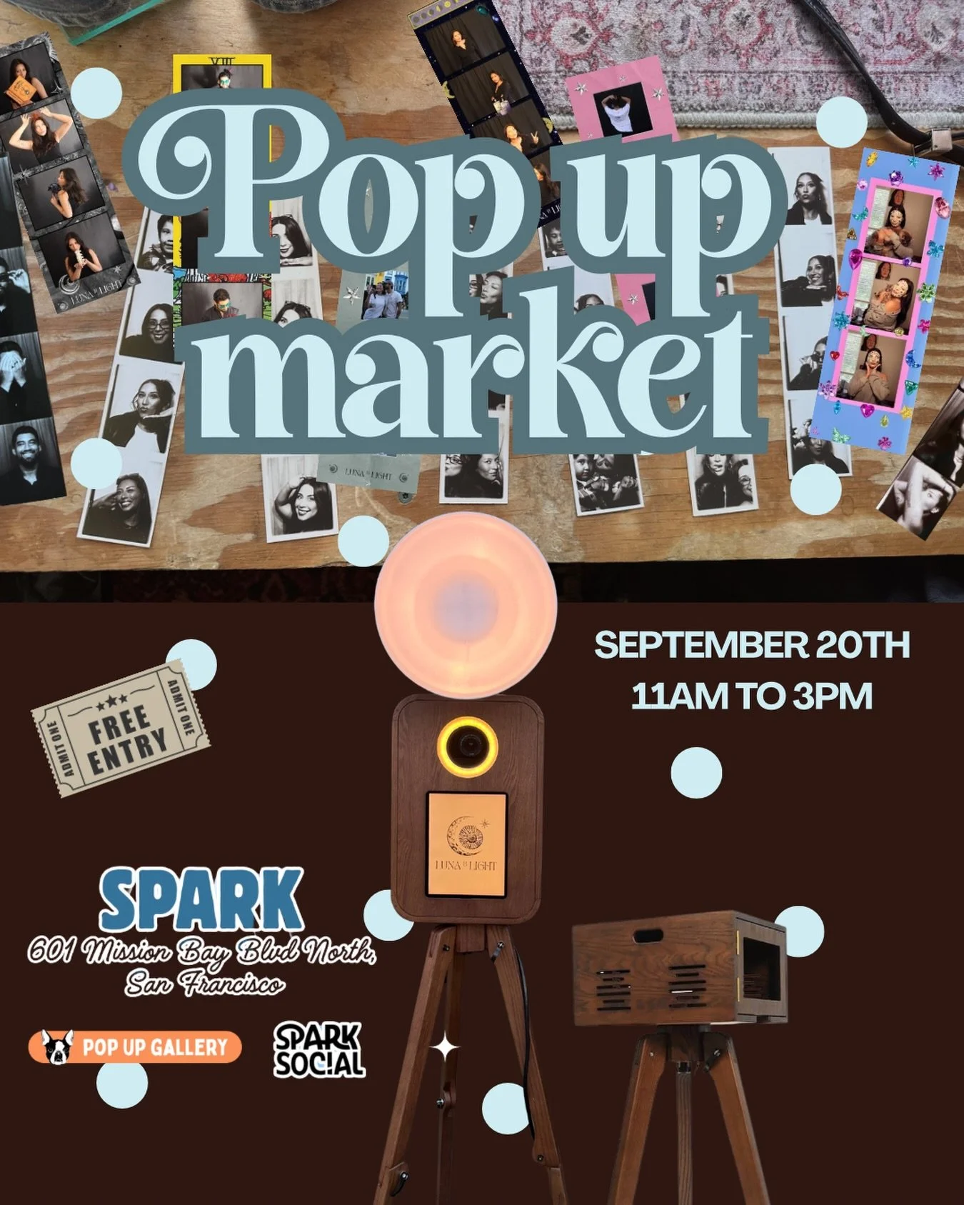 Are you free tomorrow? Come meet us at Spark Social X Pop Up Market in SF. Our mobile Photo Booth will be set up from 11 am to 3 pm with new templates and fun props 📷🪩 See you there!

@sparksocialsf @popupgallery.sanfrancisco #exploresf #photobooth
