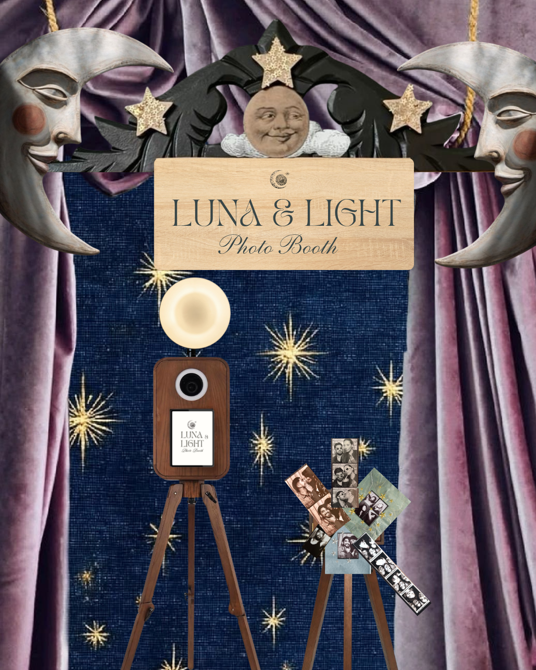 Photo booth decorated with moon and star motifs, purple curtains, and a starry night backdrop, with a sign reading 'LUNA & LIGHT Photo Booth'. Includes a vintage-style camera on a tripod, a photo props display, and celestial-themed decorations.