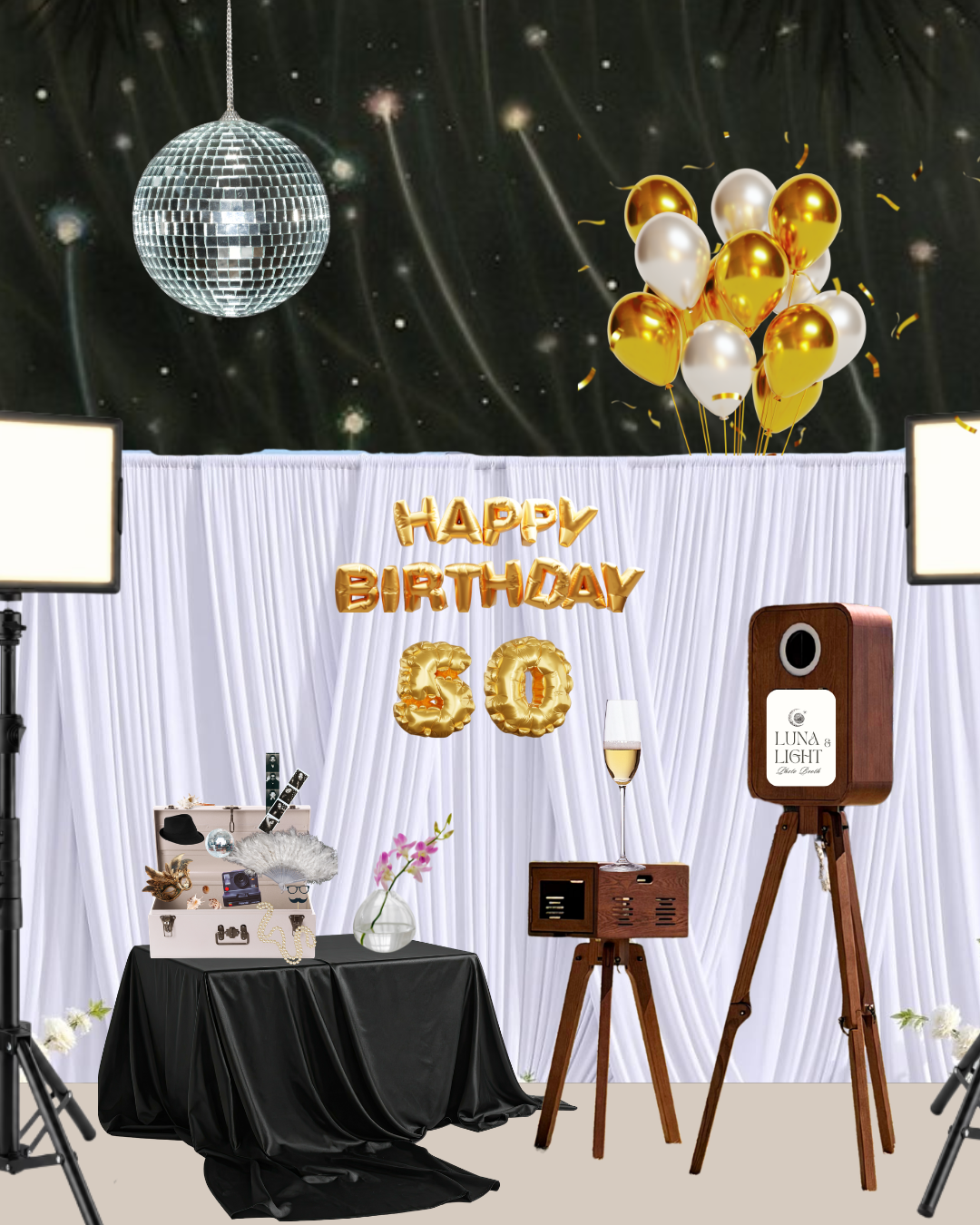 Decorations for a 50th birthday celebration with gold and white balloons, golden and white 'Happy Birthday' balloons, a disco ball, and a backdrop with lights and stars. There are photo props on a table, a champagne glass, large speakers, and lighting equipment.