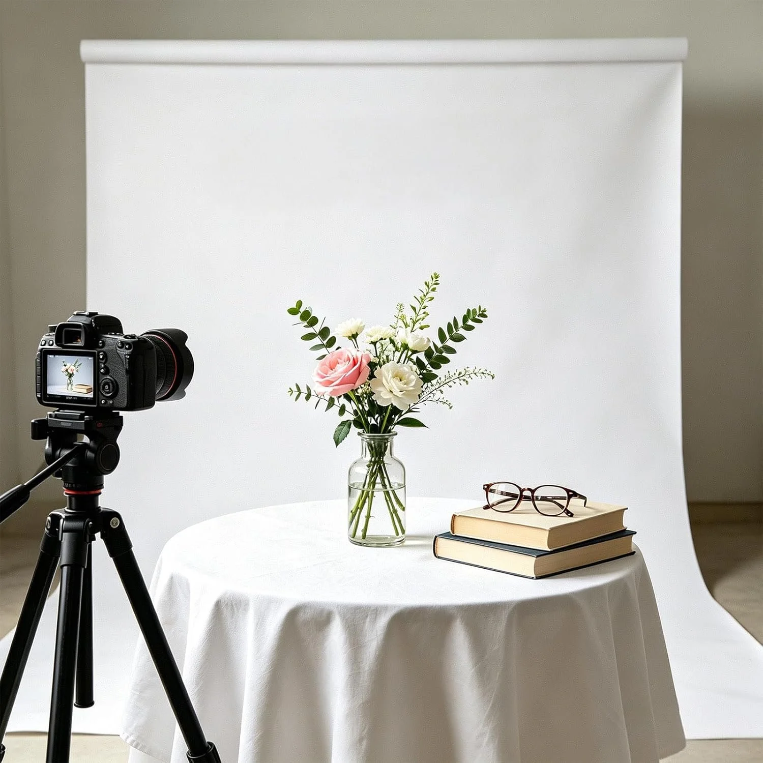 A studio setup with a white backdrop, a camera on a tripod focused on a glass vase with pink and white flowers, a pair of glasses, and two stacked books on a round table.