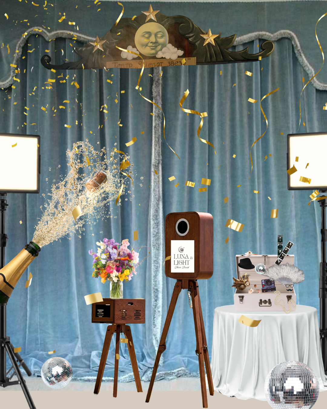 Party scene with blue curtain backdrop, champagne bottle popping, golden confetti, disco balls, flowers, and vintage-style speakers and accessories.