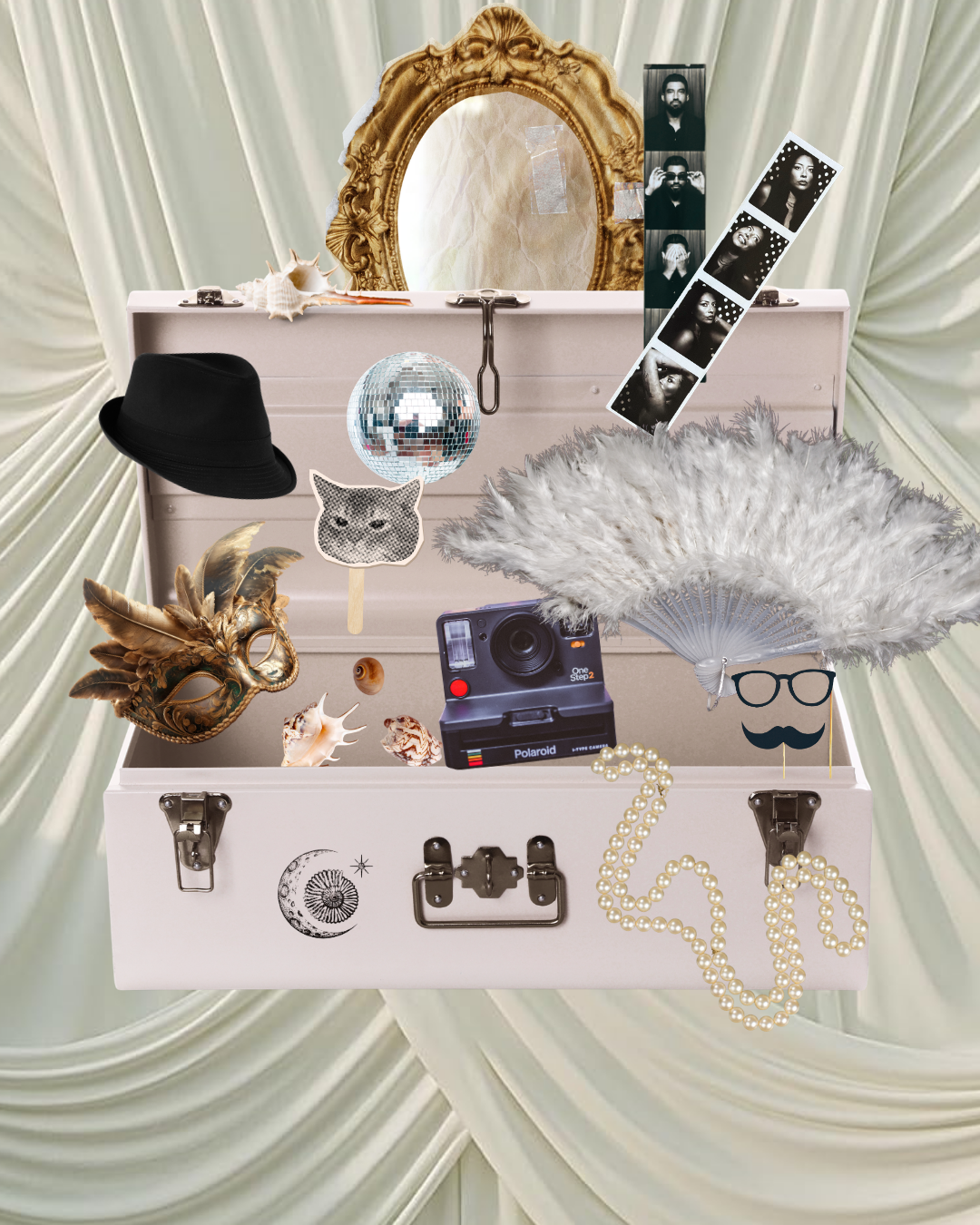 Decorative vanity tray with vintage mirror, seashells, a black hat, a disco ball, a cat face cutout, a mask with feathers, a Polaroid camera, contact sheet of photos, a large white feather fan, a pearl necklace, a mask with glasses and a mustache, and a backdrop of draped fabric.