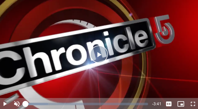 Logo for 'Chronicle 5' with red and black background, circular design, and dynamic graphic elements.