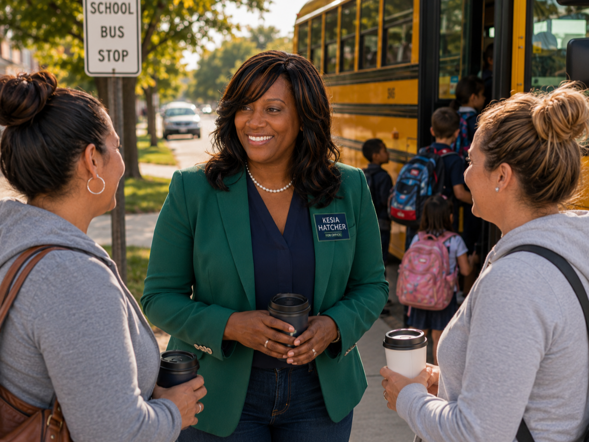 visiting bus stop speaking with moms