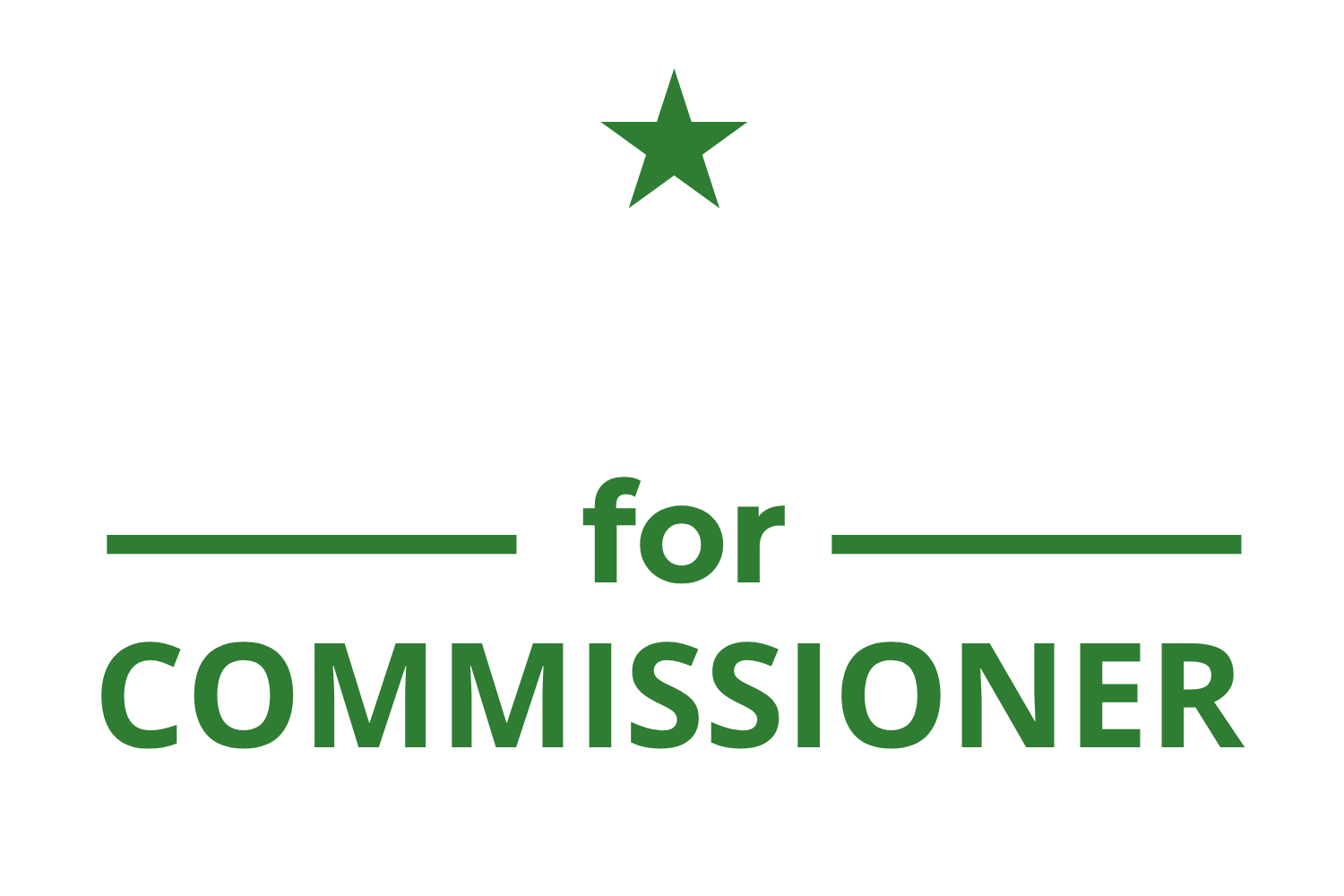 Logo with a green star above the words "HATCHER for COMMISSIONER" in bold white and green letters on a black background.