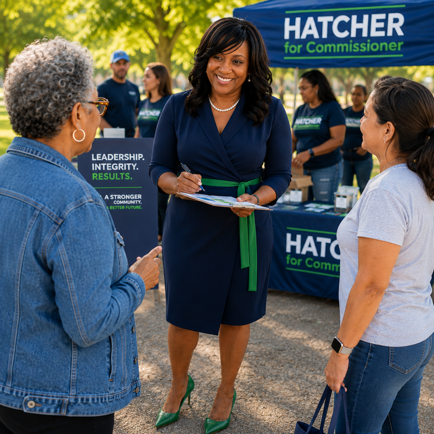 Hatcher at community event with residents