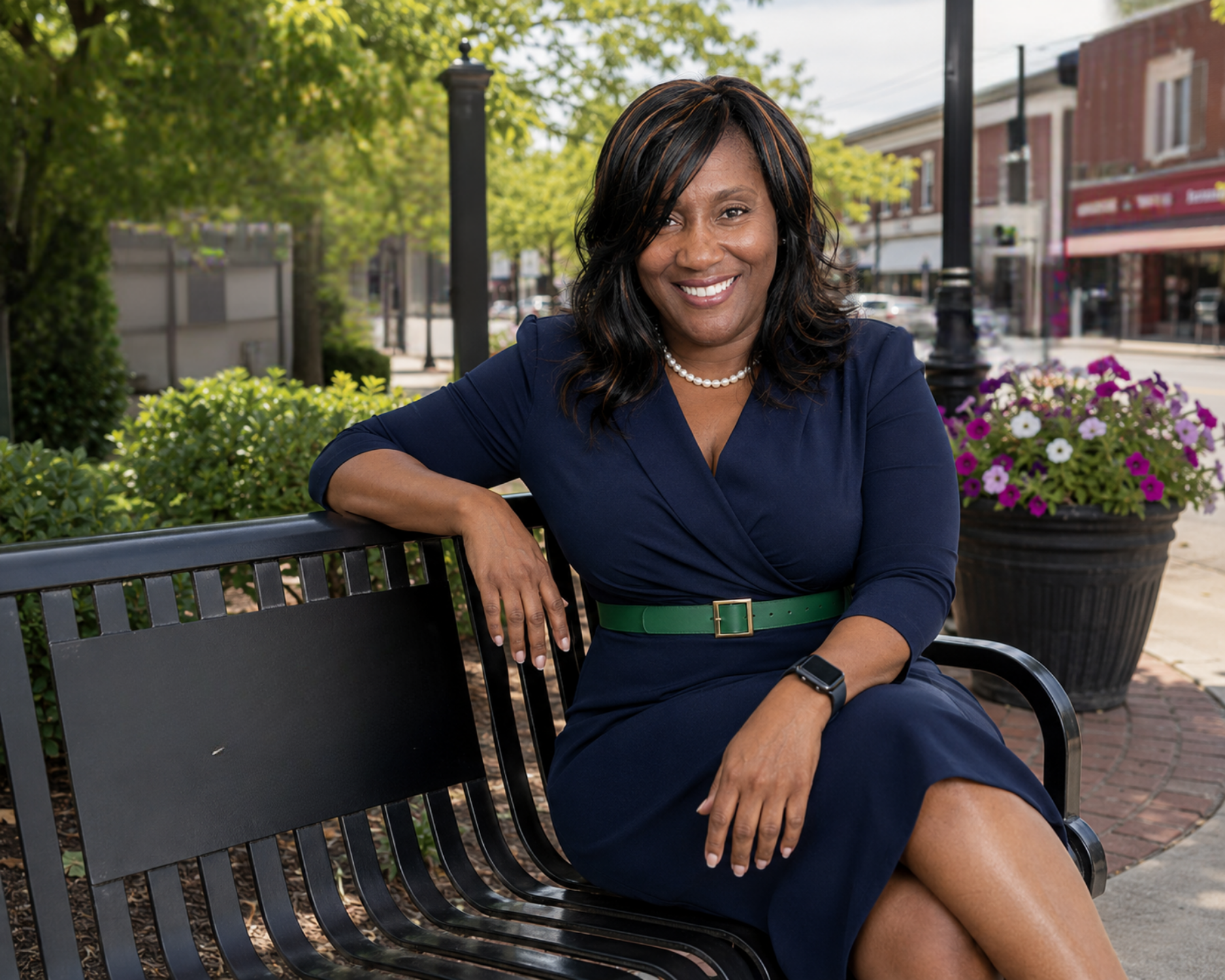 Keisa Hatcher on park bench