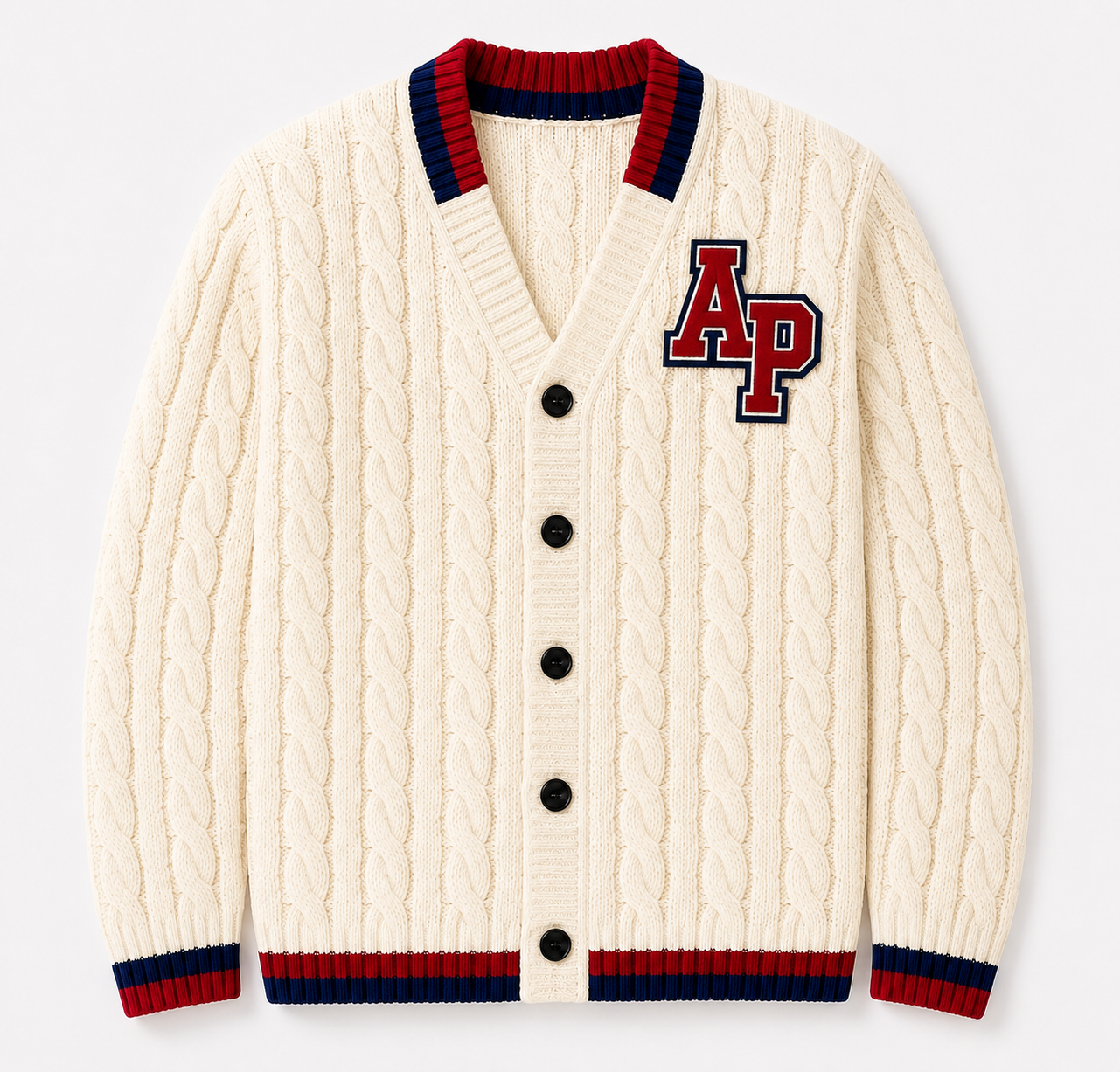 Varsity-Inspired Cable Knit Cardigan