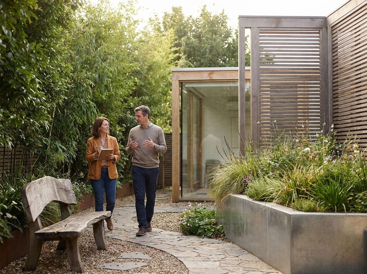 A man and woman walk and talk on a garden path near a modern house with wooden siding and large glass windows, surrounded by plants and trees, during daylight.