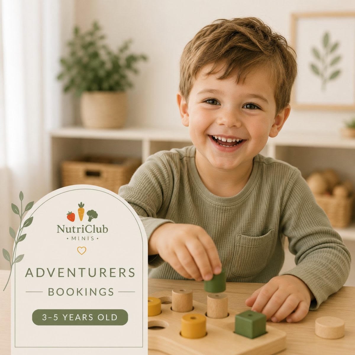A smiling young boy playing with wooden educational toys at a table, with a sign in the foreground for NutriClub Minis adventure bookings for children aged 3-5 years old.