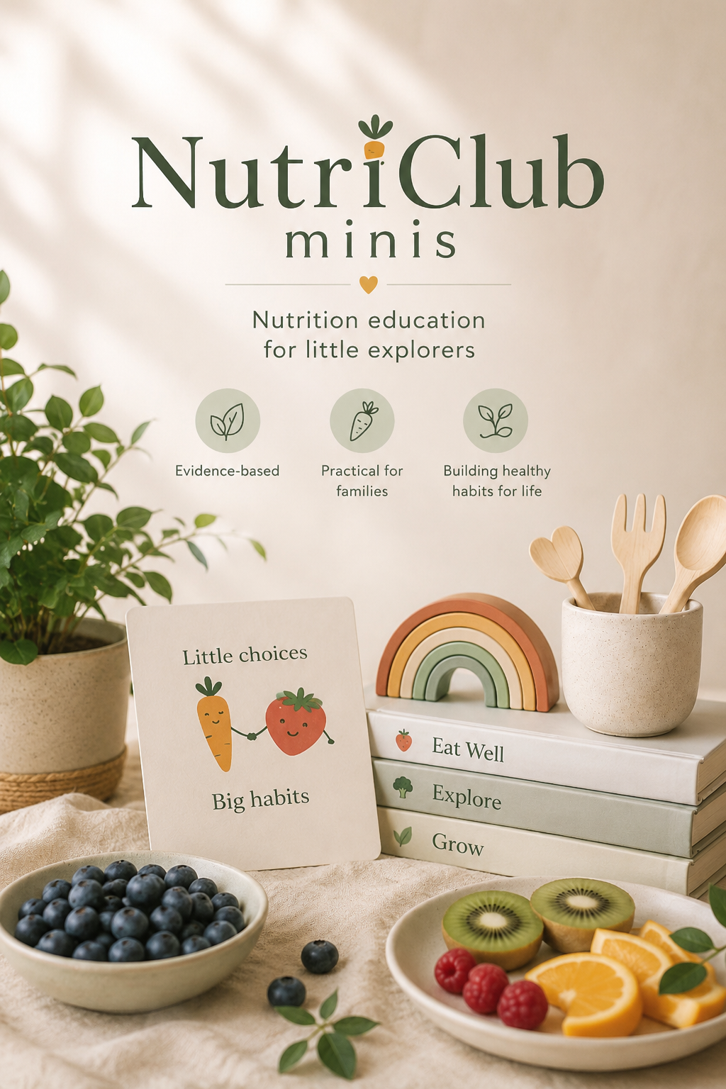A display of a children's nutrition education setup, including a sign that reads 'NutiClub minis' with a carrot and heart icons, a potted plant, wooden utensils in a bowl, books titled 'Eat Well,' 'Explore,' and 'Grow,' a rainbow decor, a card with a carrot and strawberry holding hands labeled 'Big habits,' and plates of blueberries, kiwis, raspberries, and orange slices.