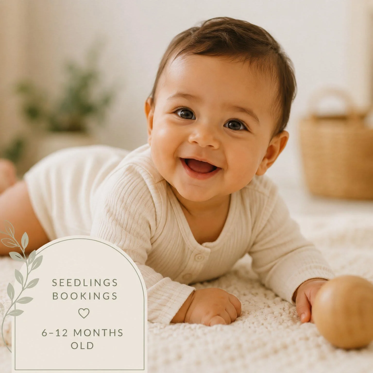 A smiling baby lying on its stomach on a soft carpet, wearing a beige long-sleeved shirt, with a blurred background and a basket. Text on the image reads "Seedlings Bookings, 6-12 months old."
