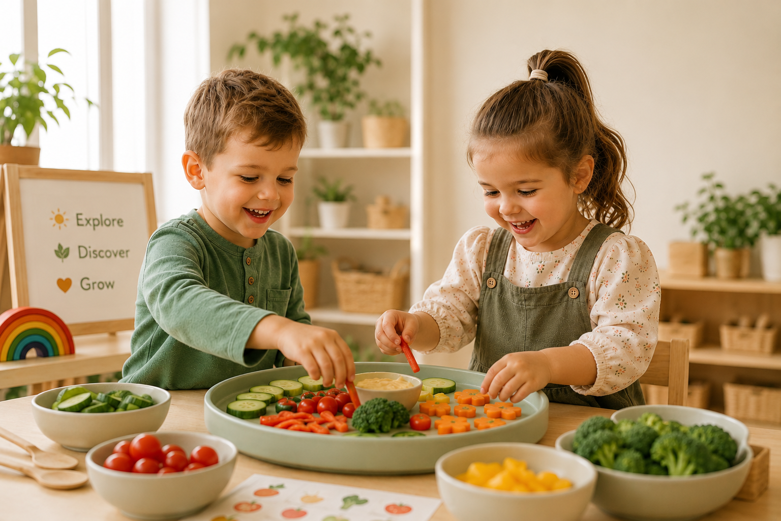 Two young children, a boy and a girl, happily playing with vegetables and dip on a wooden table in a well-lit room with plants. The children are smiling and engaging in a pretend play activity with a round tray of vegetables, including cherry tomatoes, cucumber slices, and carrots.