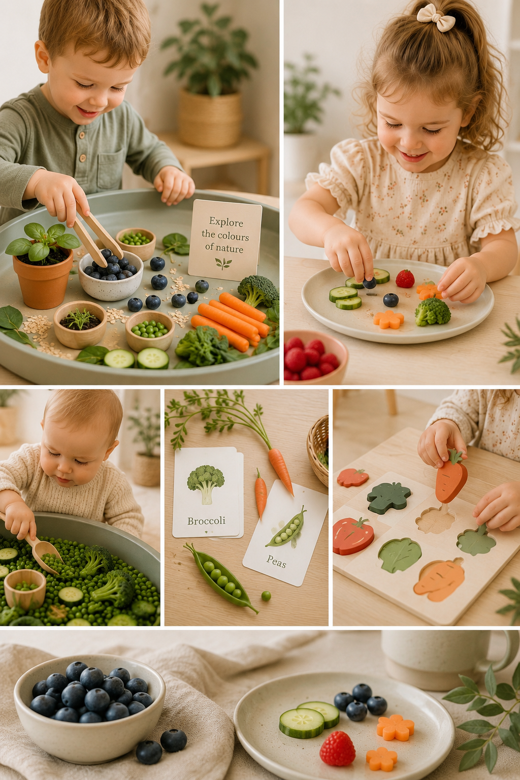 Children engaging in educational activities with toy fruits and vegetables, including blueberries, carrots, cucumbers, broccoli, raspberries, peas, and decorative plant elements.