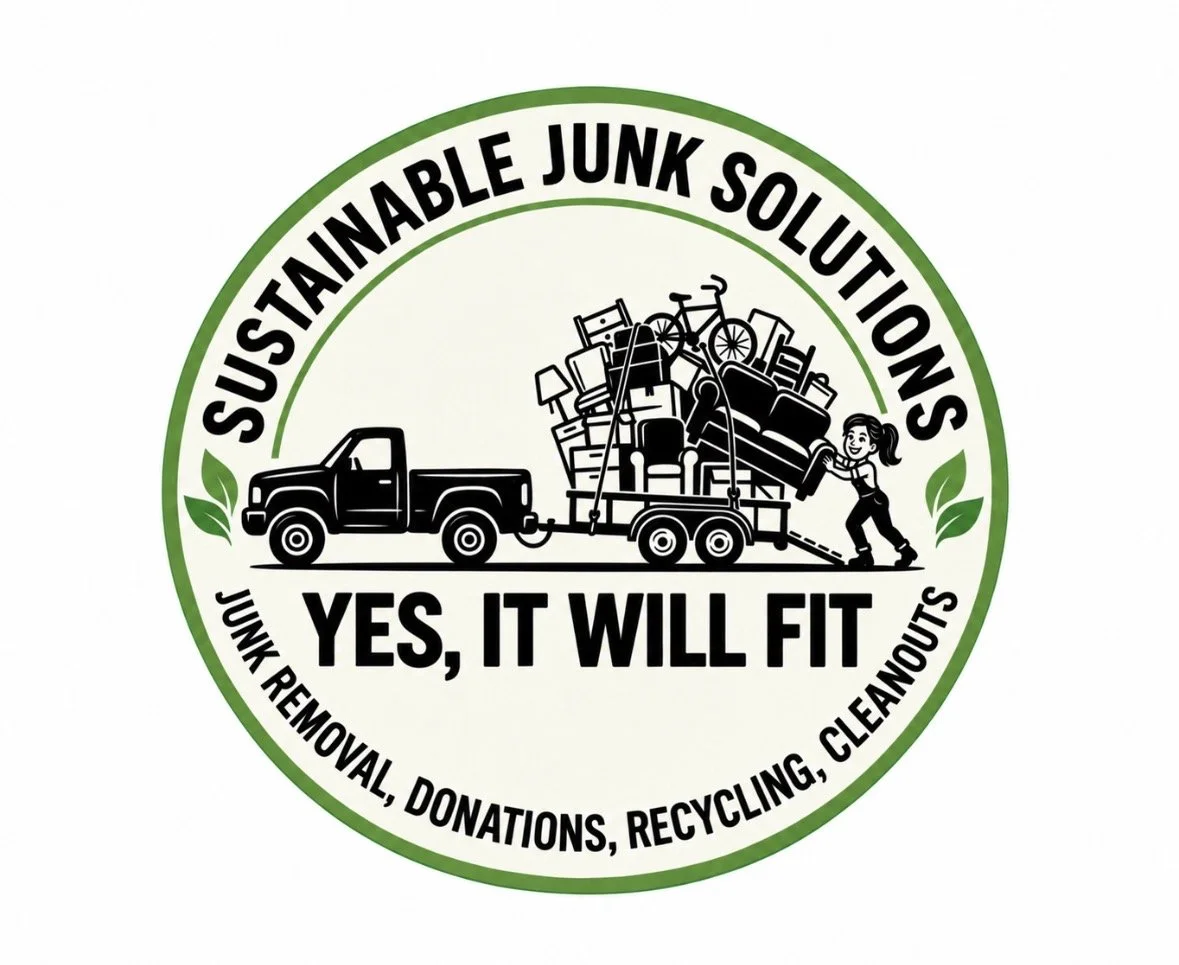 Circle logo for a junk removal and recycling service, featuring a truck loading various furniture and items, with a woman pulling a string attached to the truck. Text around the circle reads 'Sustainable Junk Solutions,' 'Yes, It Will Fit,' and 'Junk Removal, Donations, Recycling, Cleanouts.' Green leaves decorate the logo.