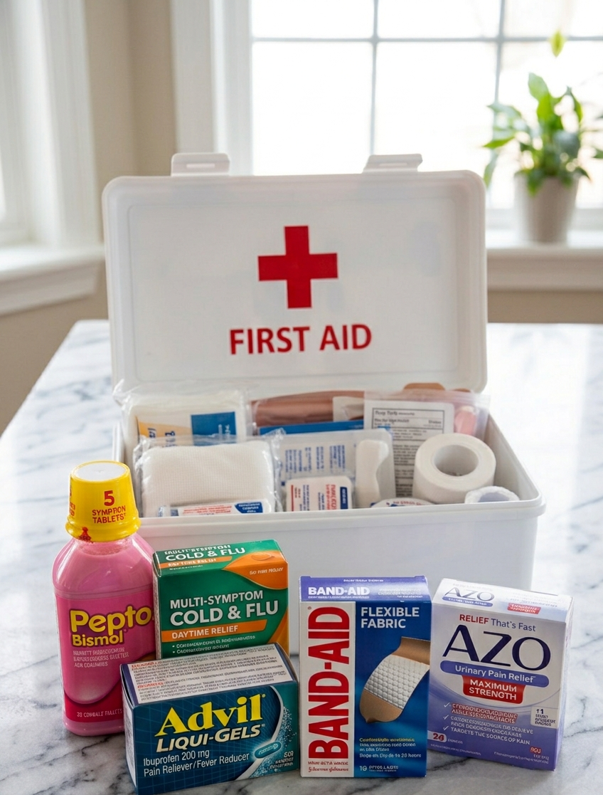 A first aid kit containing various medical supplies, including cold and flu medicine, pain relievers, bandages, and adhesive tape, placed on a marble surface in front of a window with a potted plant in the background.