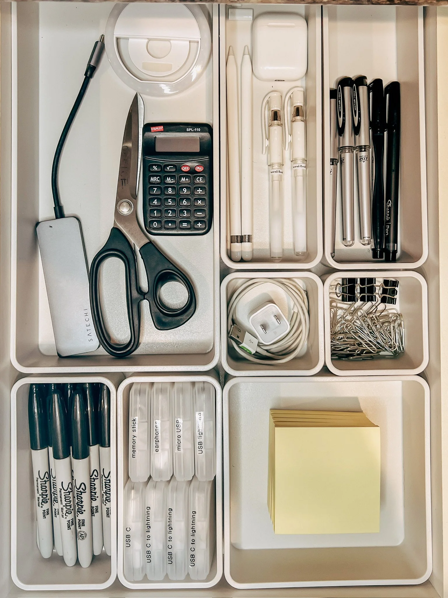 Custom office drawer with dividers for supplies and electronics