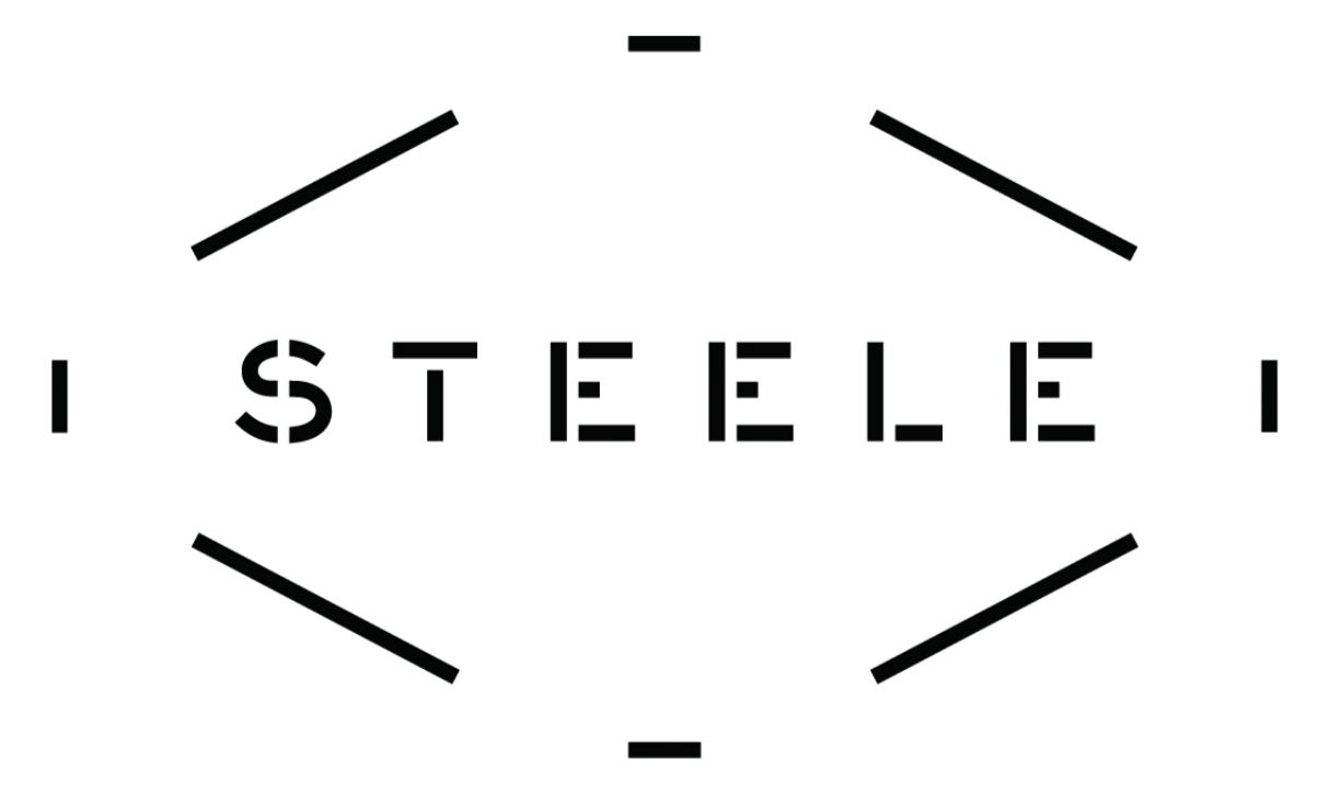 Black logo with the word 'STEELE' in the center, outlined in a hexagon shape.