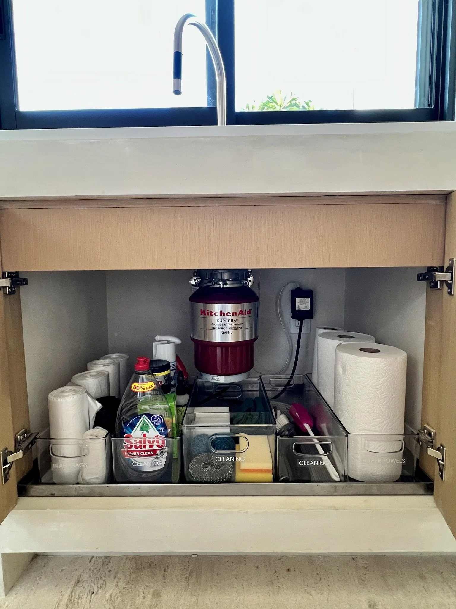Organized under-counter cabinet with cleaning supplies