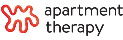 Logo with a red abstract shape next to the words 'apartment therapy' in lowercase letters.