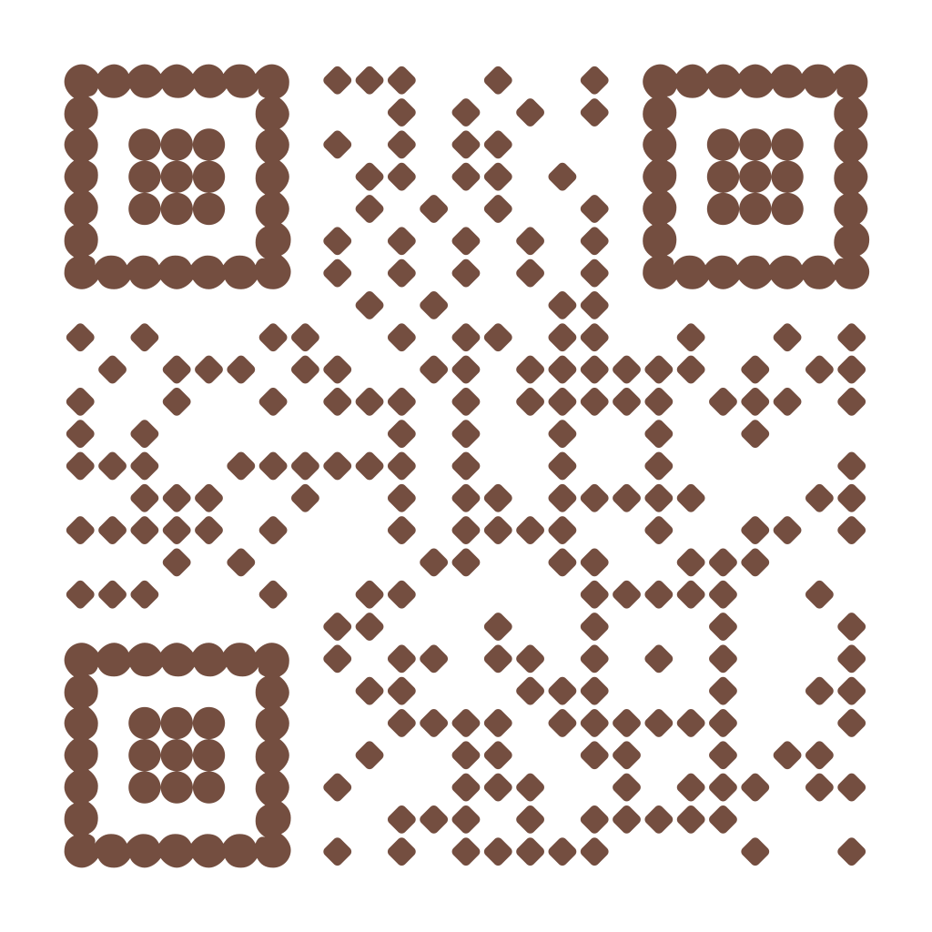 A QR code made with brown dots on a white background.