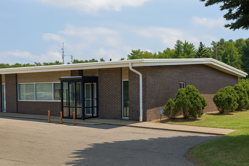 Brick commercial office building with landscaped entrance, exterior of an IntegriServ Cleaning Systems Cleveland location.