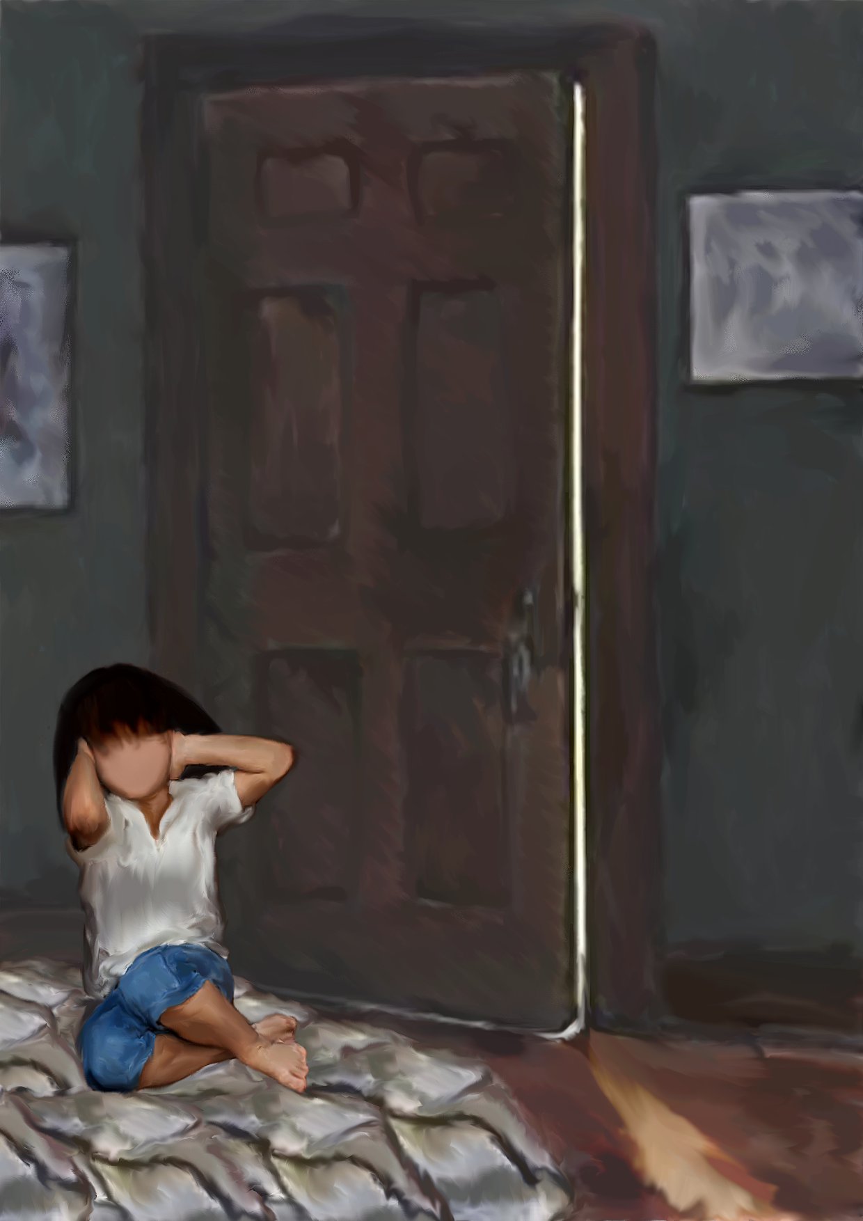 Emotional figurative artwork by Selin Sebby depicting a child before a closed door, exploring fear, isolation, vulnerability and hope. emotional figurative art, childhood artwork, dark interior painting, vulnerable child art, trauma-inspired artwork,