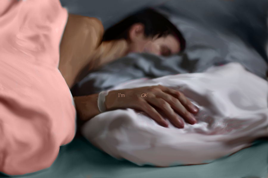 Emotional figurative artwork by Selin Sebby exploring hidden exhaustion, vulnerability and the contradiction behind the words “I’m OK.” OK artwork, emotional contemporary art, sleeping figure painting, mental health inspired art, vulnerable figure