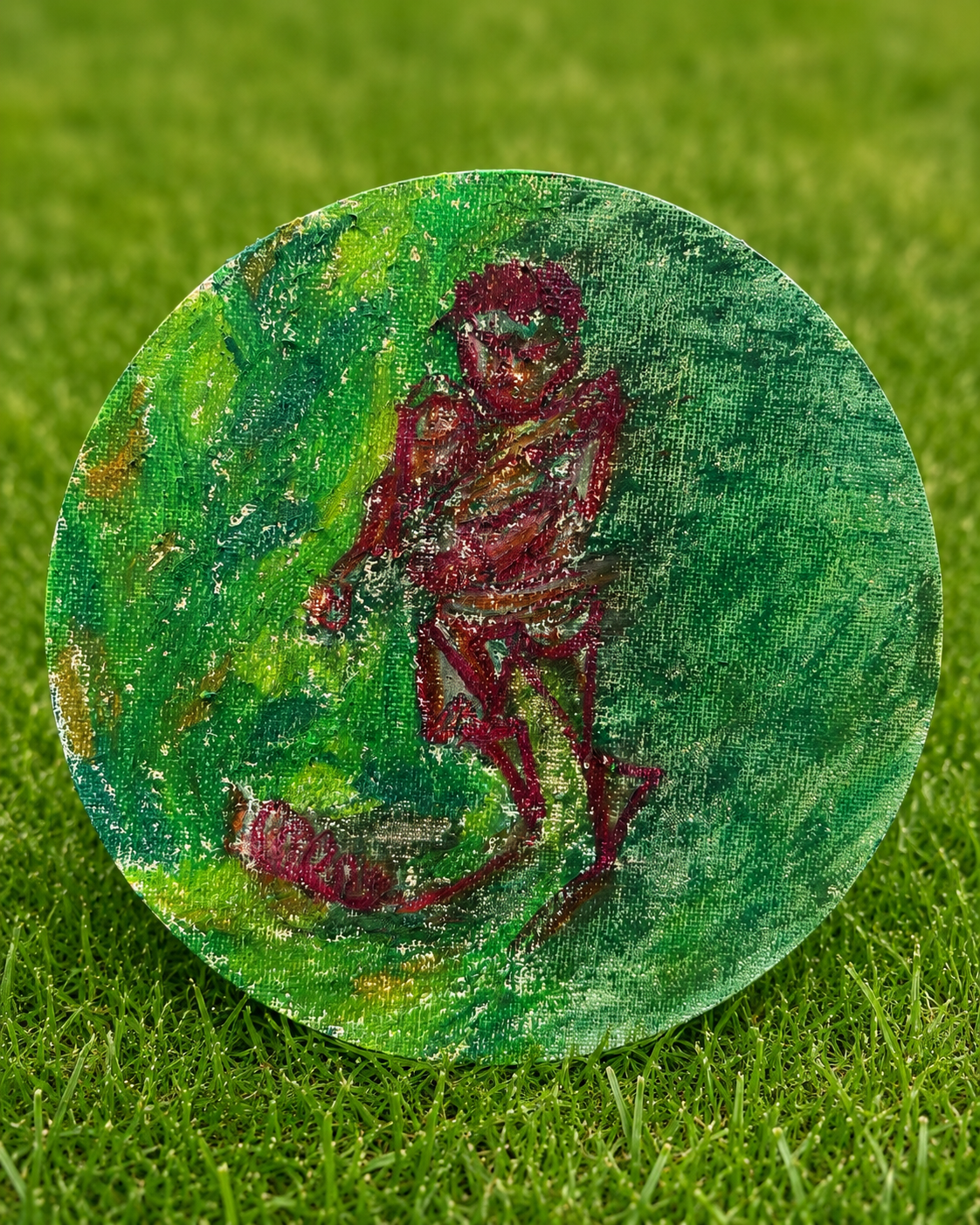 Short artwork description

An expressive circular football artwork by Selin Sebby exploring movement, ambition and an unwritten future through green and deep red tones.contemporary football art, soccer painting, athlete artwork, abstract painting