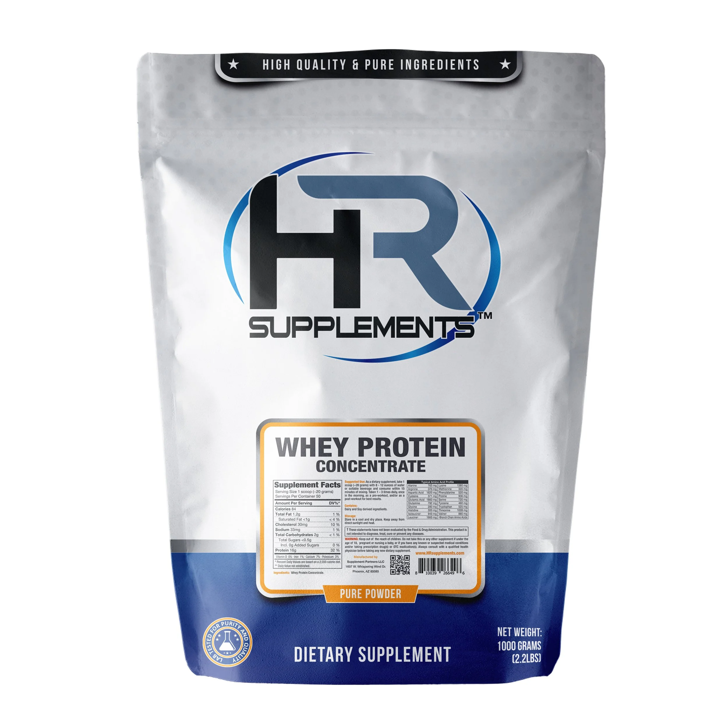 A white and blue package labeled 'Whey Protein' dietary supplement, net weight 1000 grams, with nutritional facts and ingredients printed on the front.
