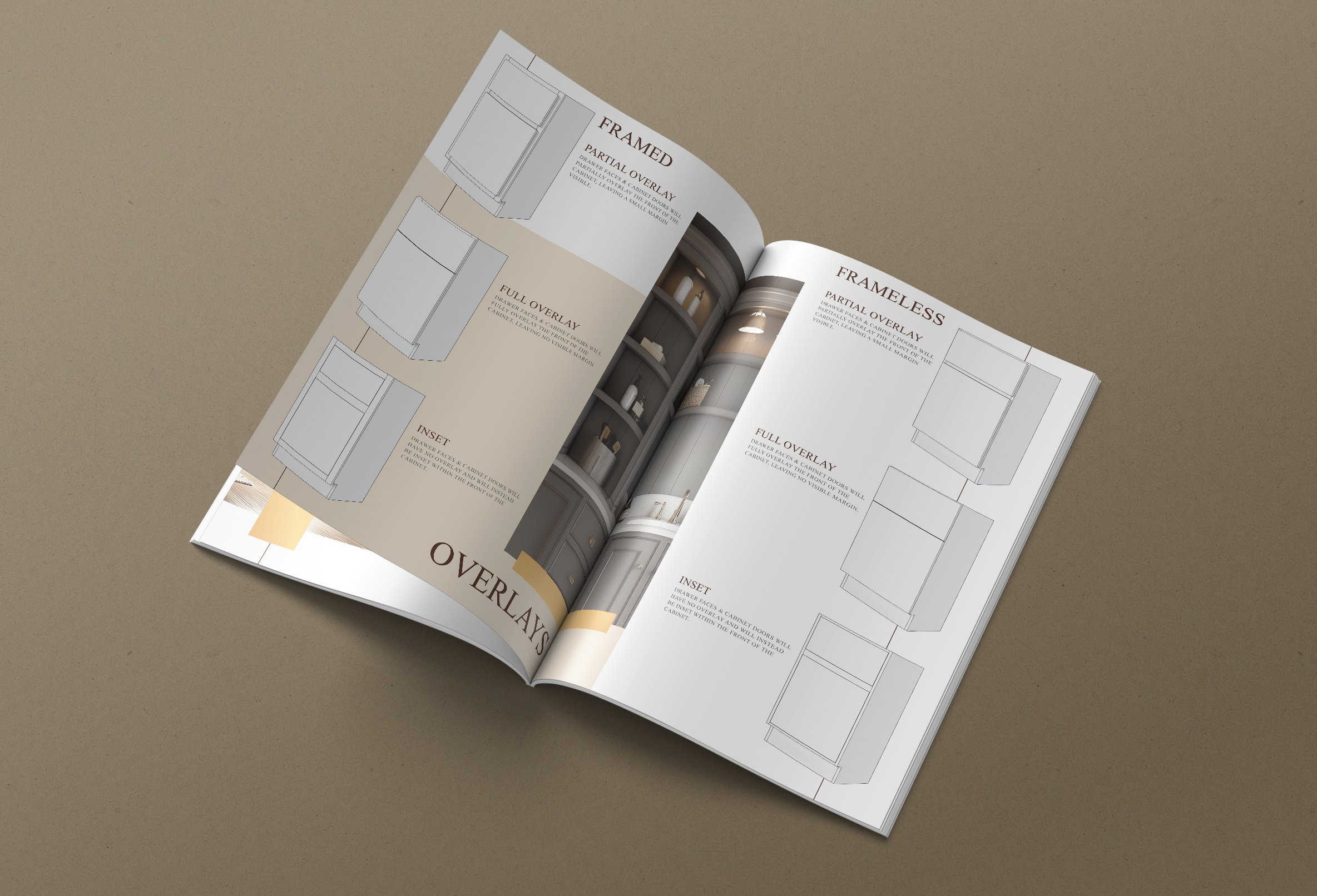 Open home design catalog showing sketches and interior photos of cabinetry and architectural details.