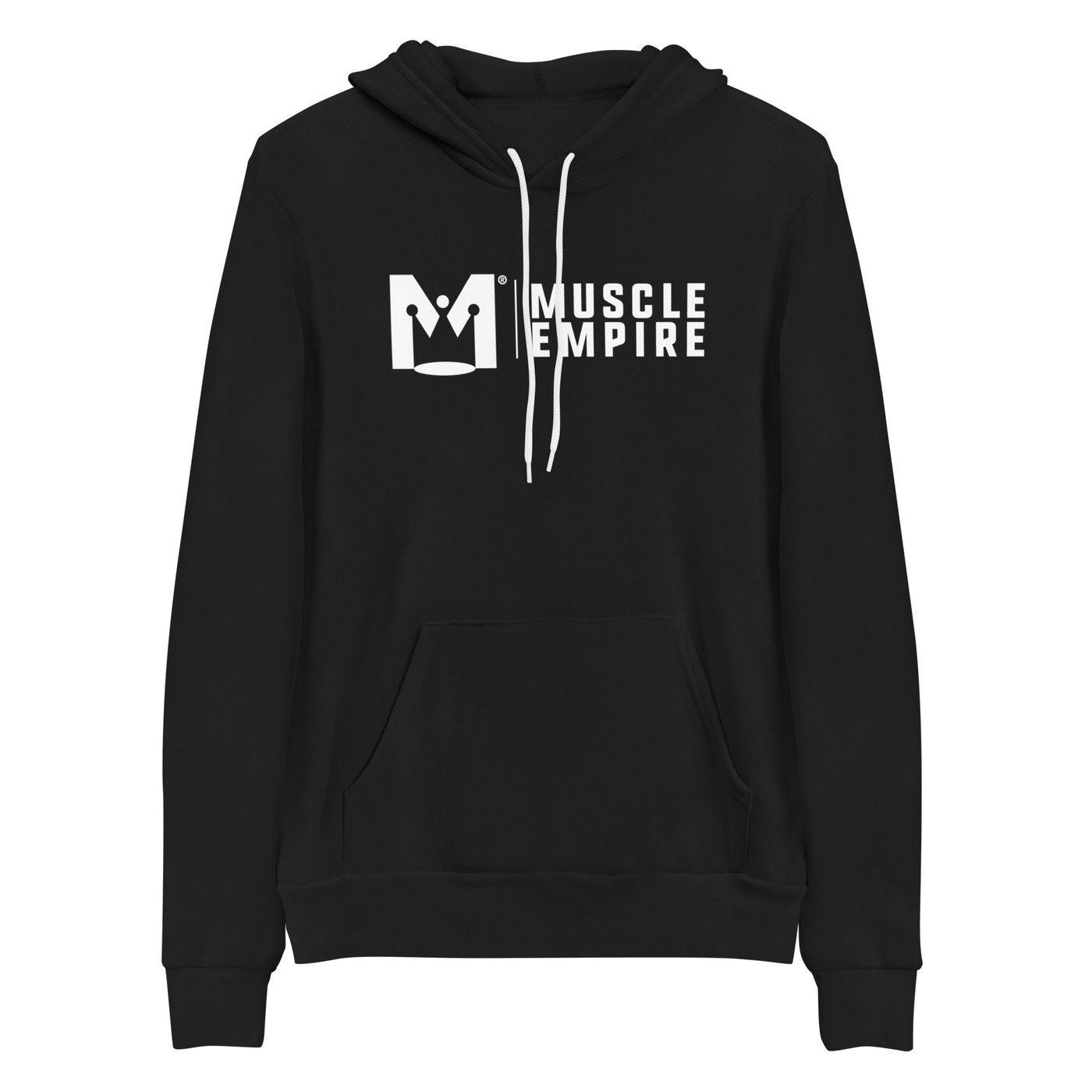 Black hoodie with a logo and text that reads "Muscle Empire" in white.